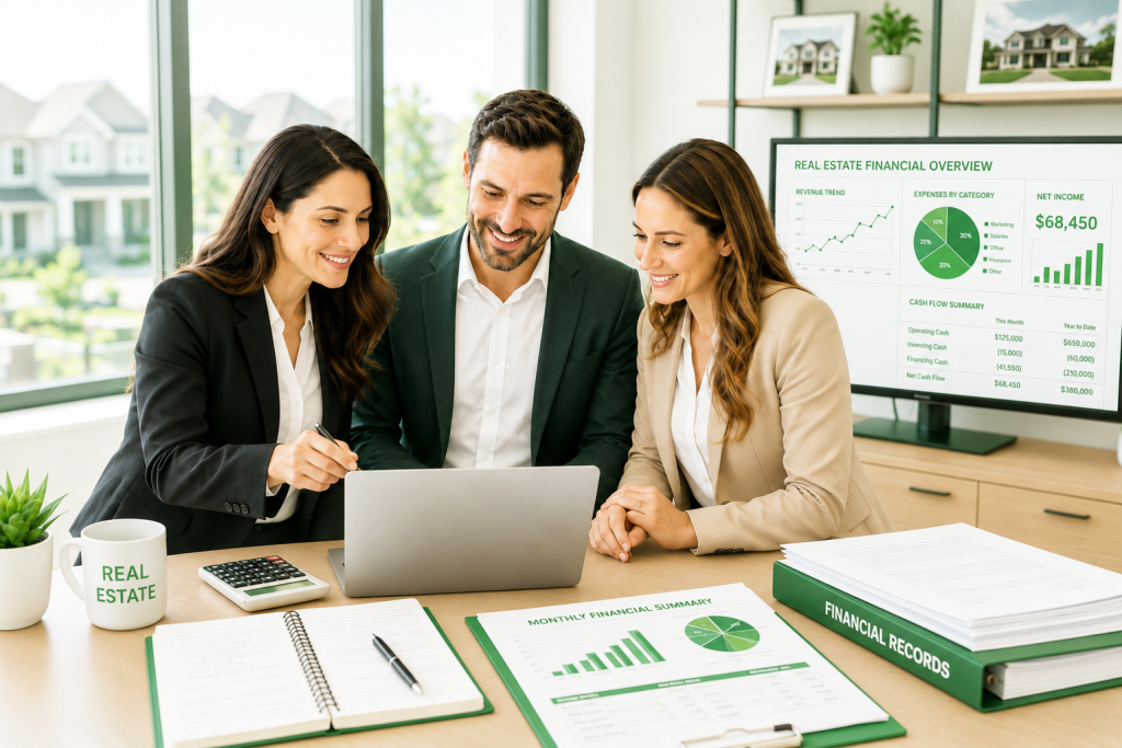 Real estate professionals reviewing financial reports and bookkeeping data.