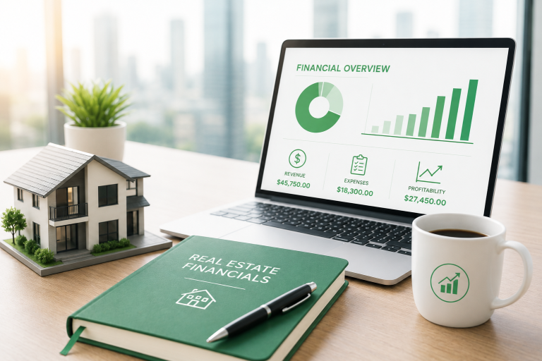 Real estate financial dashboard displayed on a laptop beside a property model.