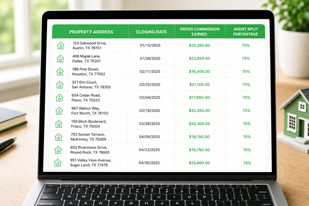 Real estate commission ledger showing property sales, closing dates, commissions, and agent split percentages.