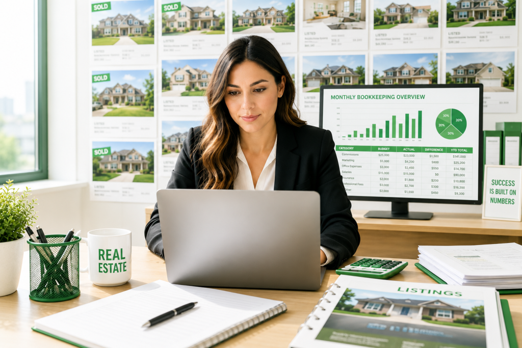 Real estate agent reviewing bookkeeping reports and property listings on a laptop.