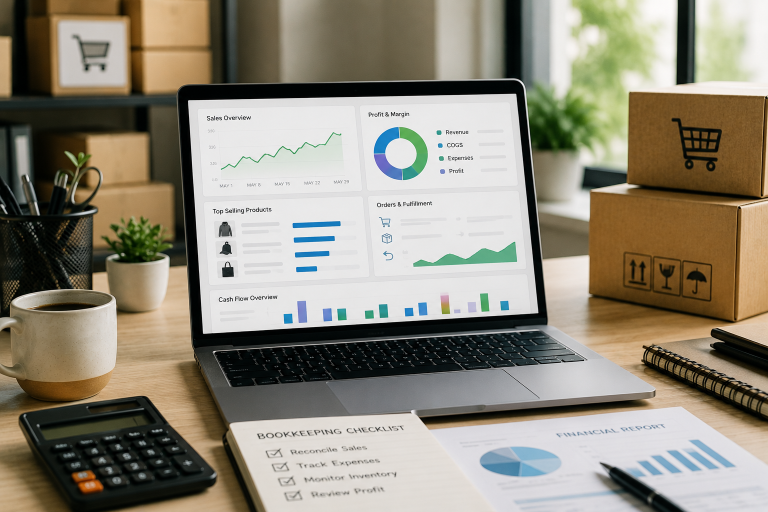 Monthly bookkeeping service for ecommerce with financial dashboard and shipping boxes.