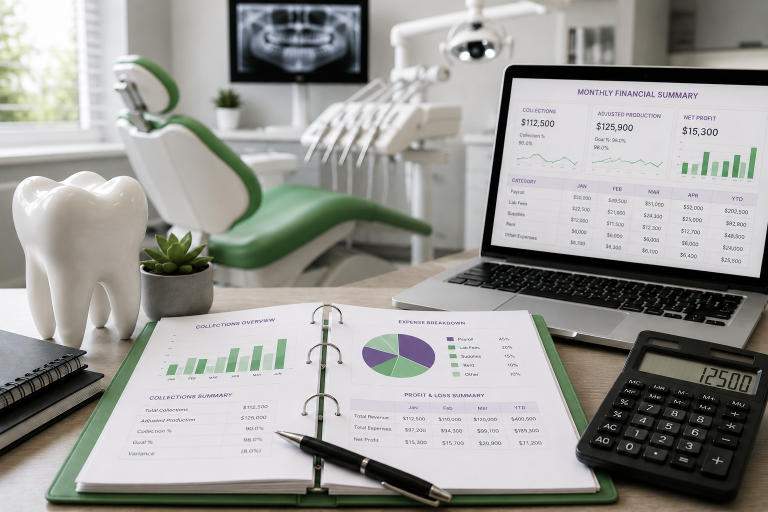 Bookkeeping for dentists with financial reports in a modern dental office.