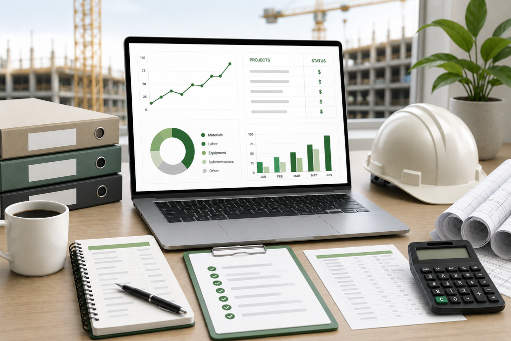 Contractor bookkeeping workspace with a financial dashboard, project reports, calculator, and construction documents used for job cost tracking.