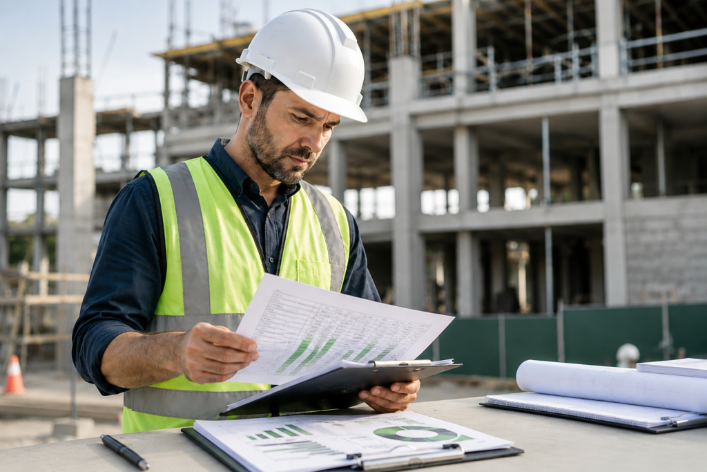 Construction manager reviewing job cost reports and financial documents on-site as part of contractor bookkeeping and project cost management.