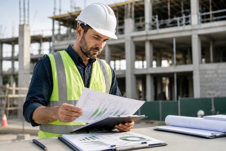Construction manager reviewing job cost reports and financial documents on-site as part of contractor bookkeeping and project cost management.