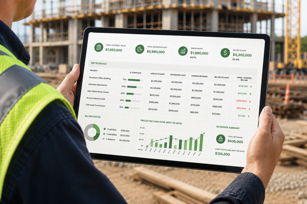 Contractor bookkeeping dashboard displaying work-in-progress reporting, billing status, retainage tracking, and project profitability on a construction site.