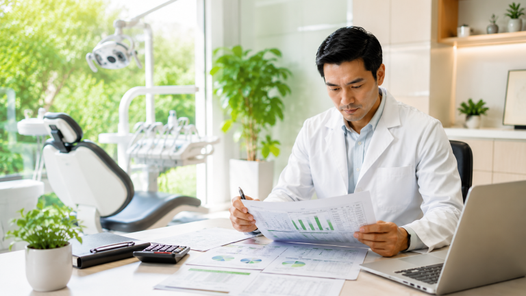 Dentist reviewing financial reports