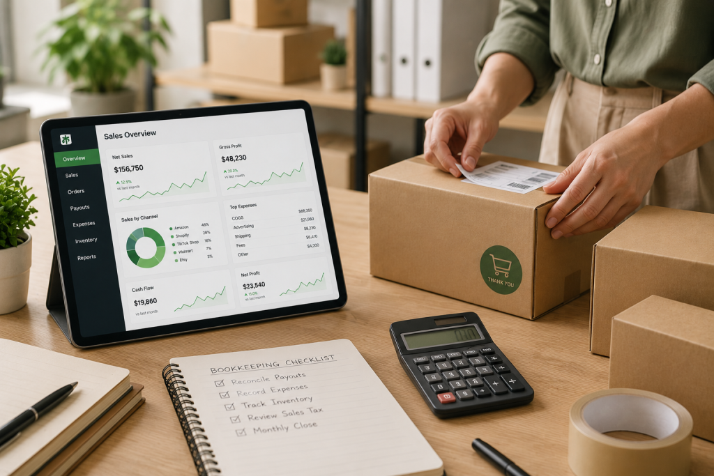 E-commerce seller reviewing a sales dashboard while packing orders.