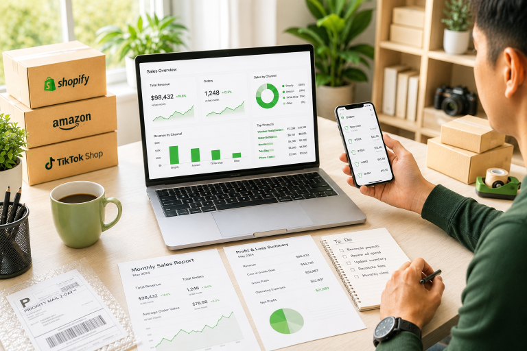 Seller managing Shopify, Amazon, and TikTok Shop bookkeeping.