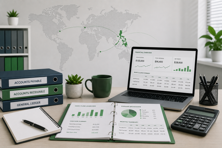 Offshore accounting workspace with financial reports, accounting records, and performance dashboard.