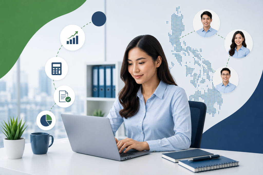Offshore accounting professional working remotely with a connected global finance team.