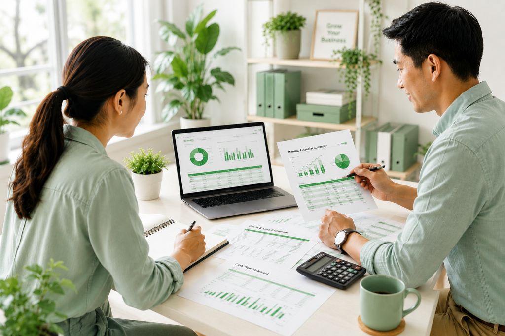 Business owners reviewing financial reports after choosing to outsource bookkeeping for small business operations.