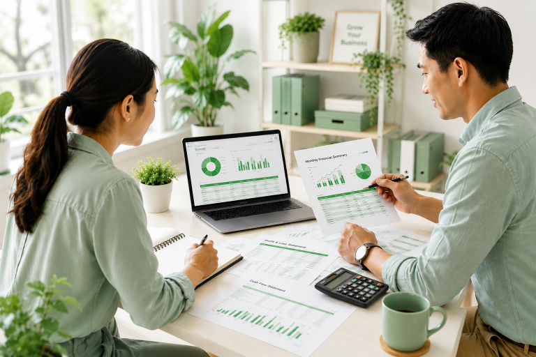 Business owners reviewing financial reports after choosing to outsource bookkeeping for small business operations.