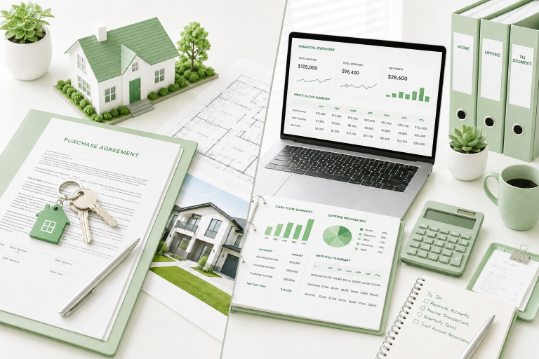 Real estate bookkeeping workspace with financial reports