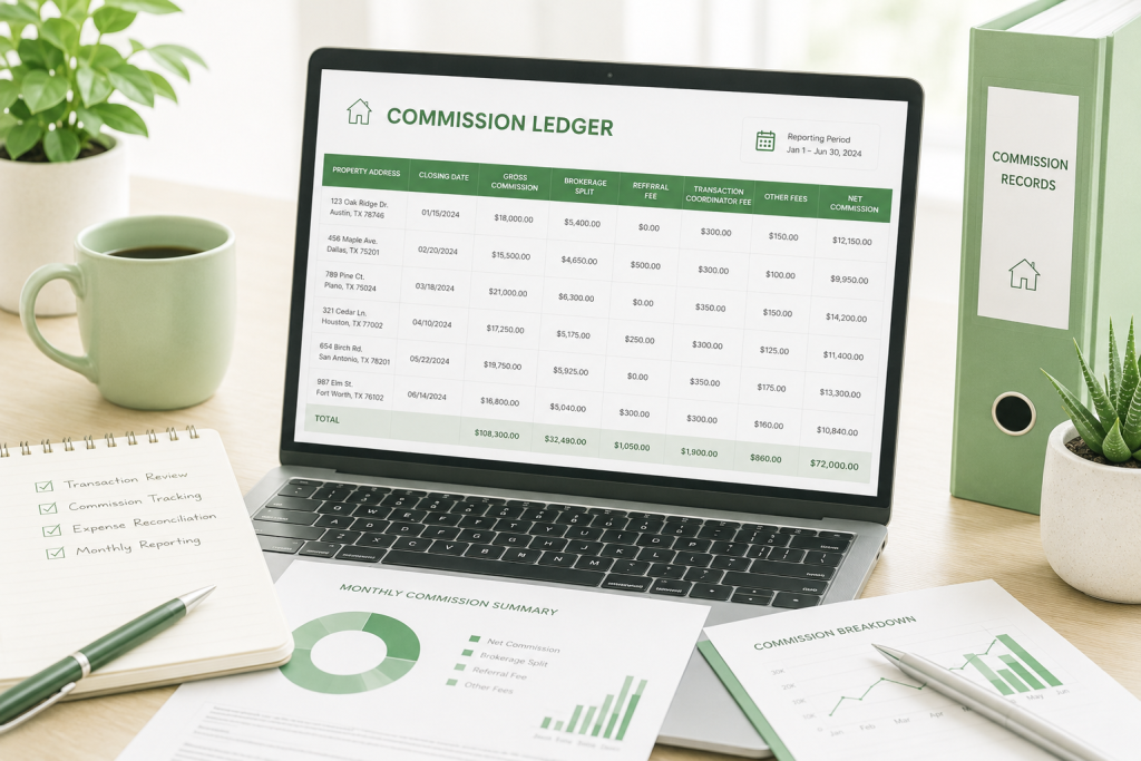 Real estate bookkeeping commission ledger and reporting