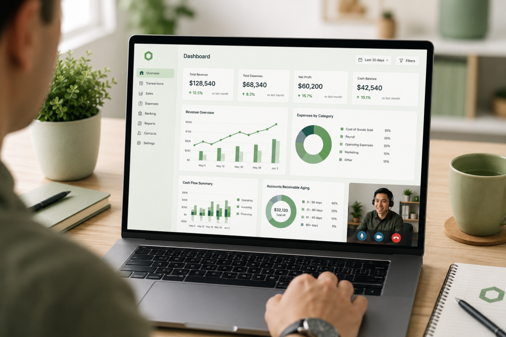 Business owner reviewing an outsourced bookkeeping dashboard with real-time financial reports and performance metrics.