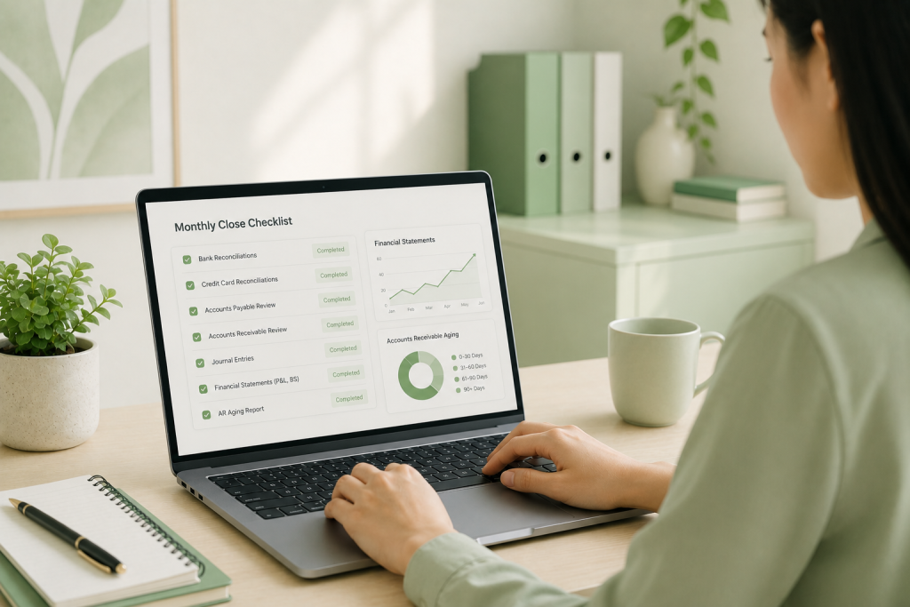 Monthly close checklist showing the benefits of outsourcing bookkeeping with organized financial reporting.