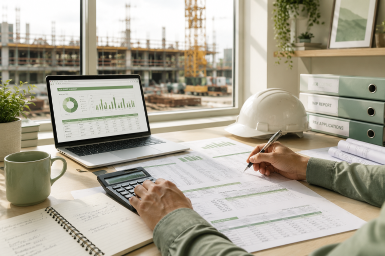 Bookkeeping and accounting workspace for a construction company with job costing reports and financial records.
