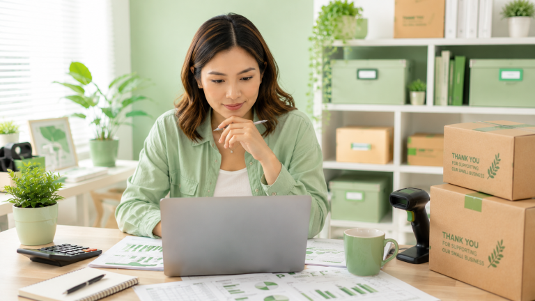 Business owner reviewing financial reports for bookkeeping for ecommerce businesses