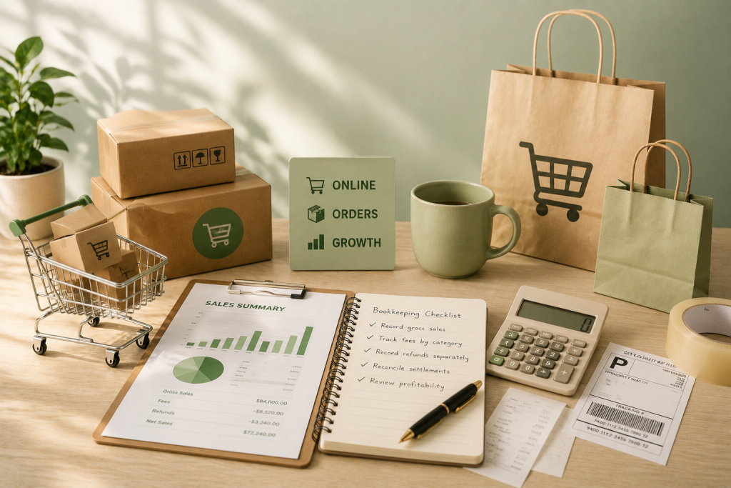 Ecommerce bookkeeping workspace with sales reports and orders.