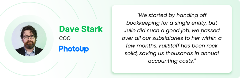 Customer testimonial describing cost savings achieved through outsourced bookkeeping services.