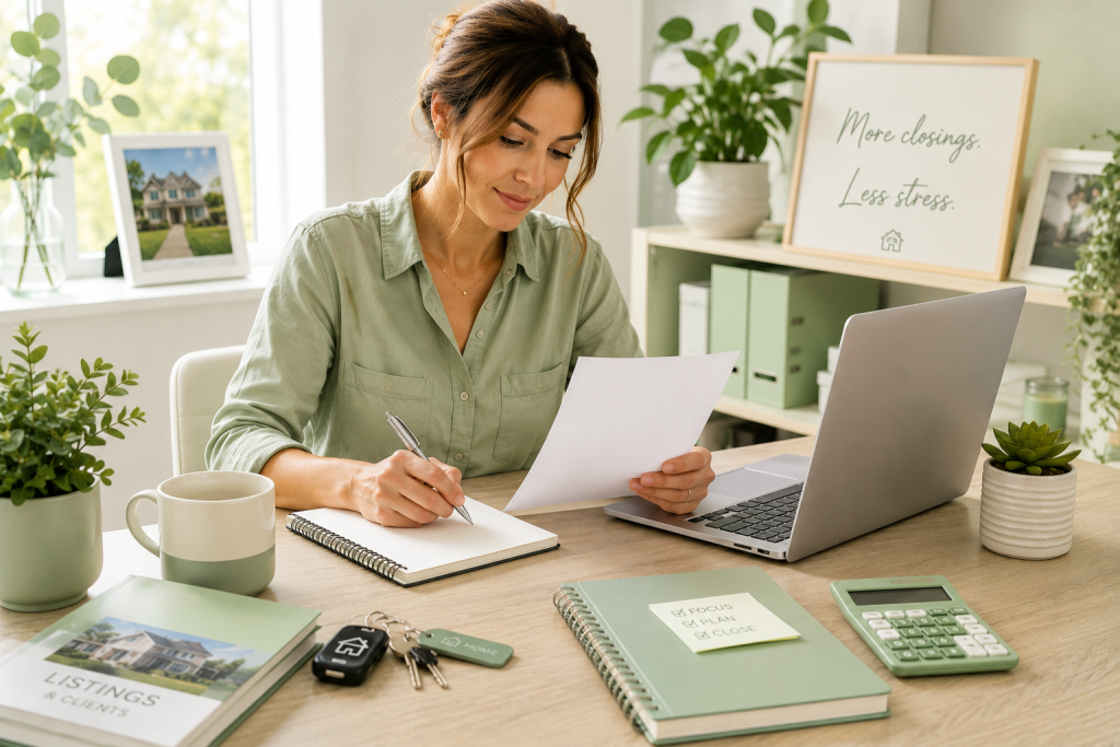 Real estate agent using bookkeeping services for real estate to review financial records.