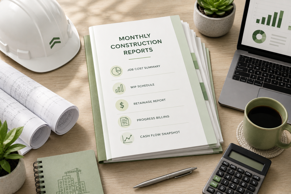 Monthly construction bookkeeping reports with job costing, WIP schedule, retainage, and cash flow summary.