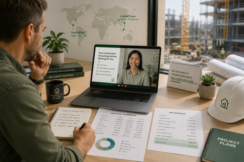 Construction bookkeeping services with remote accounting support