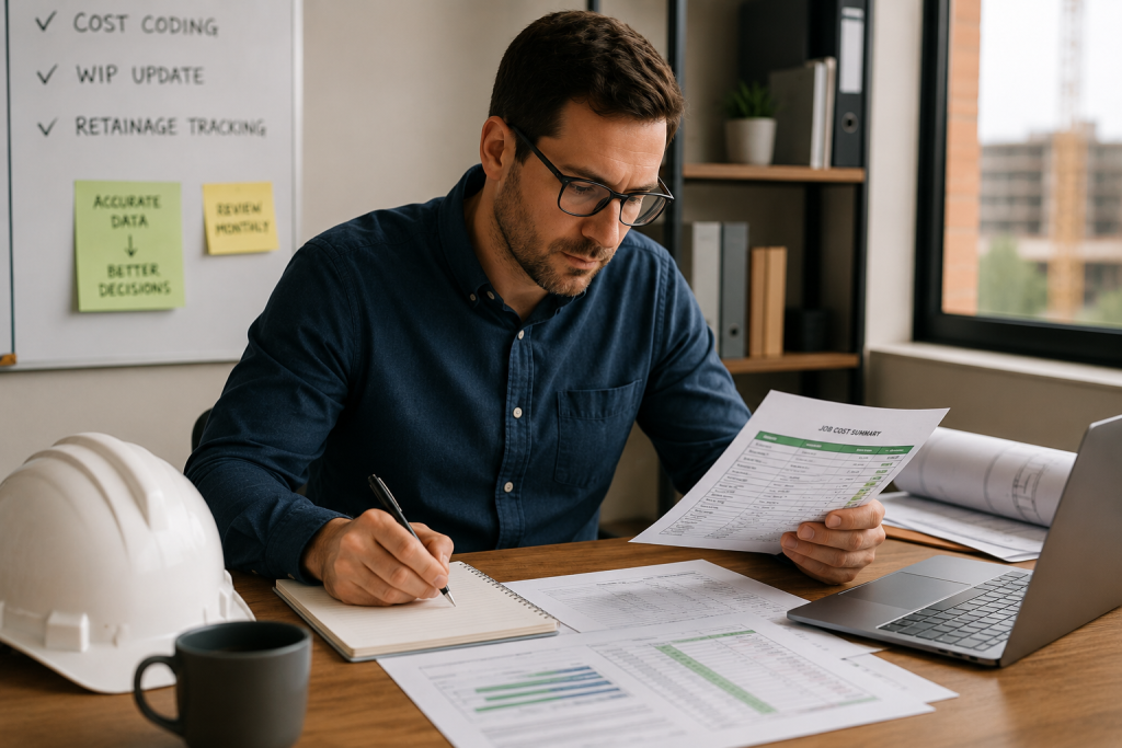 Accountant reviewing construction job costing reports.