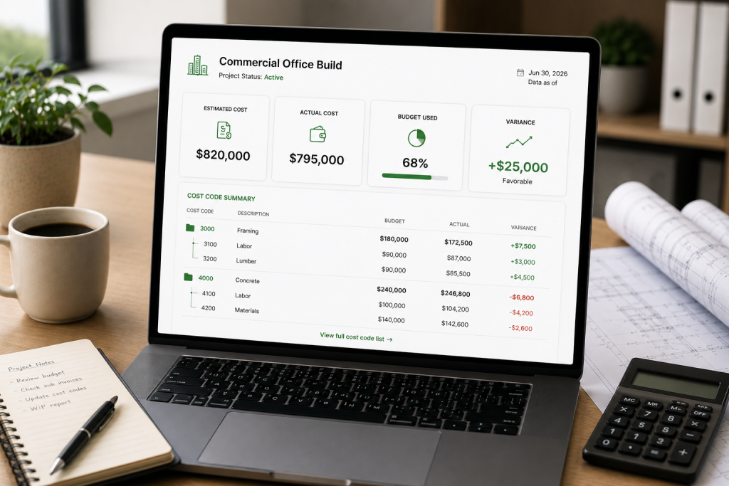 Construction job costing dashboard with project costs.