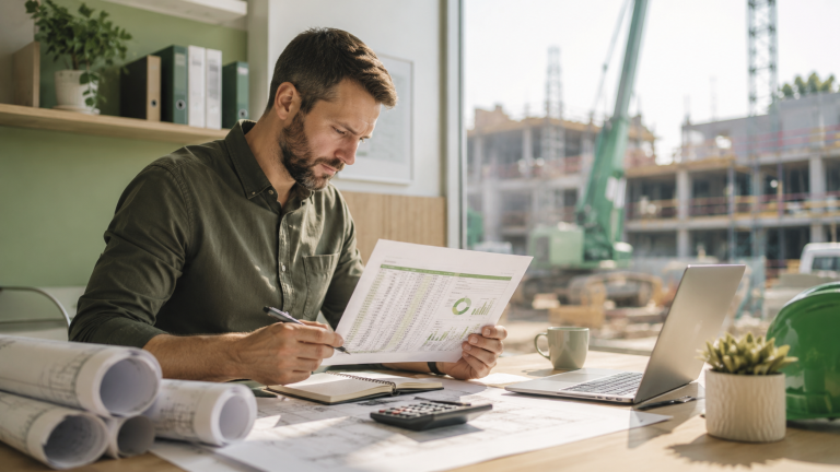 Construction manager reviewing job costing reports.