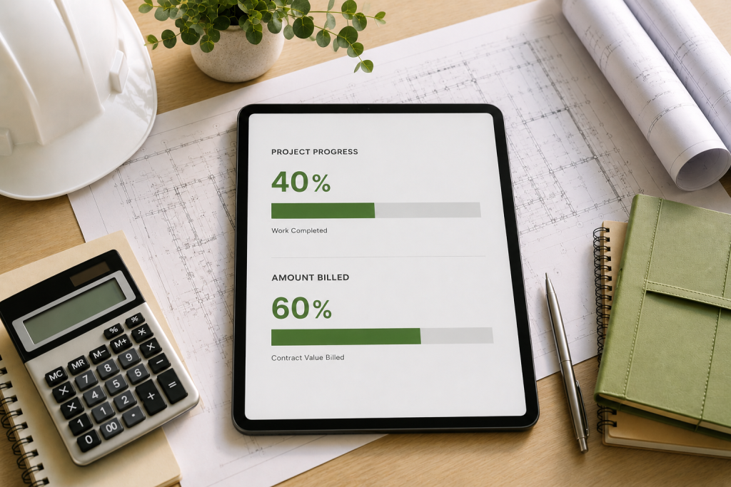 Construction job costing project progress dashboard.