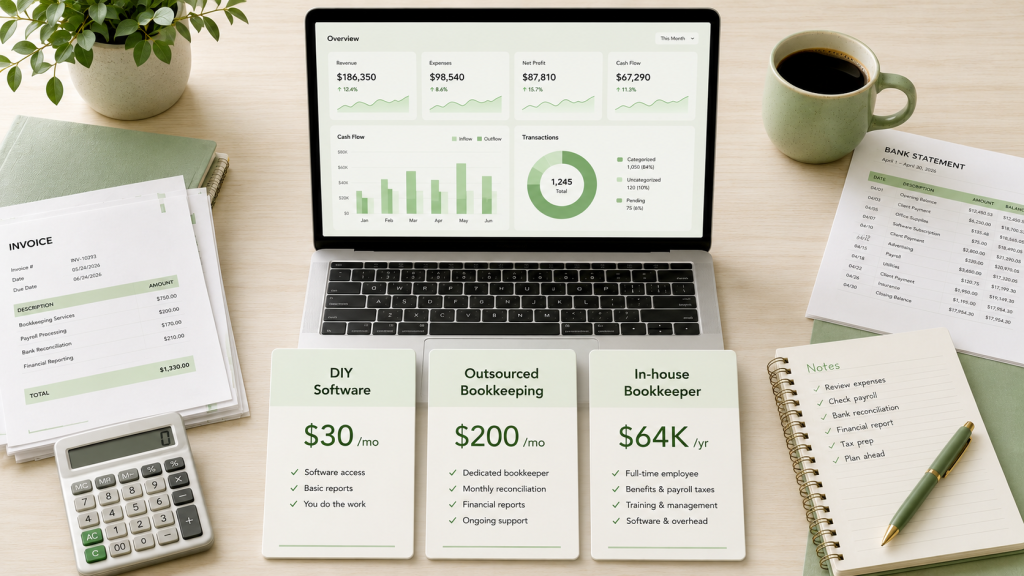 Cost of bookkeeping services for small business comparison showing DIY software, outsourced bookkeeping, and in-house bookkeeping options.