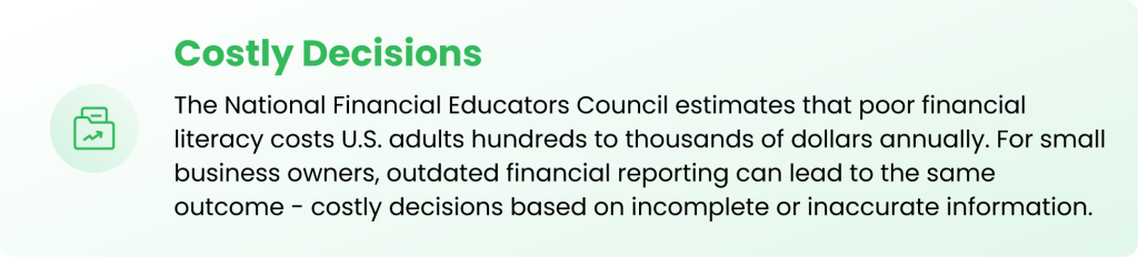 Graphic explaining how delayed financial reporting can lead to costly business decisions.