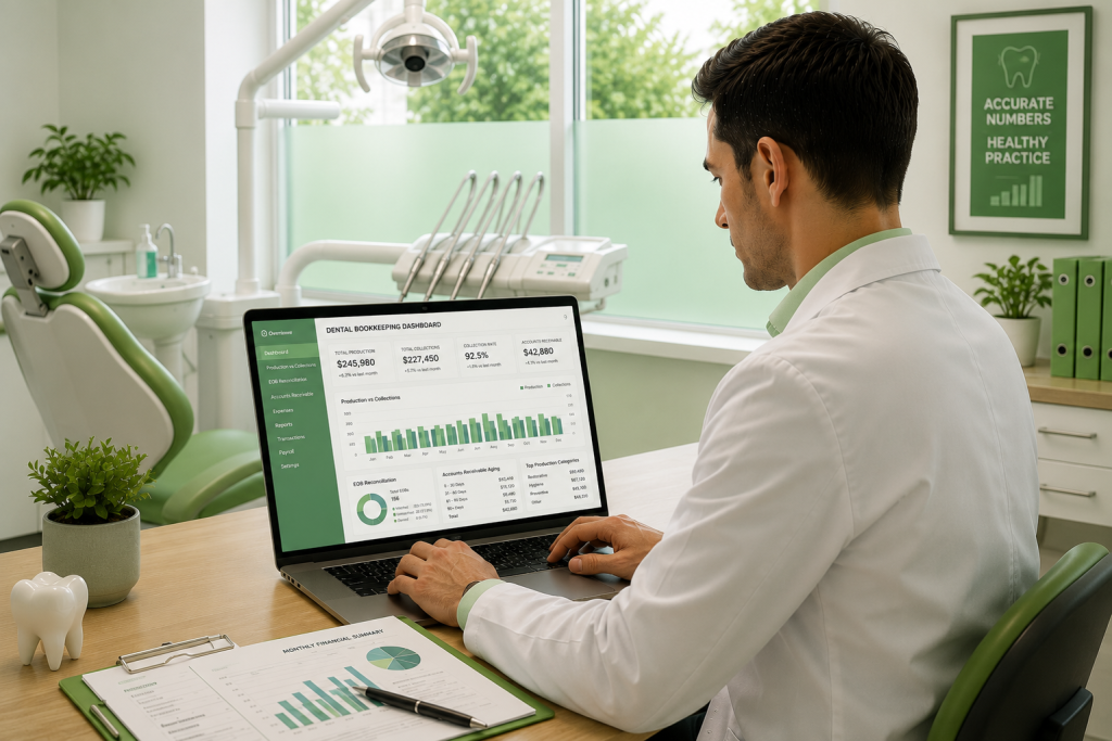 Dentist reviewing a dental bookkeeping services dashboard.