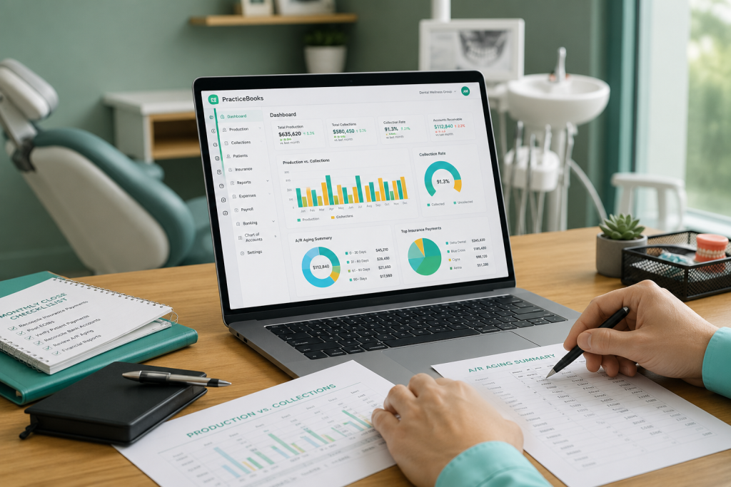 Dental bookkeeping services dashboard on a laptop.