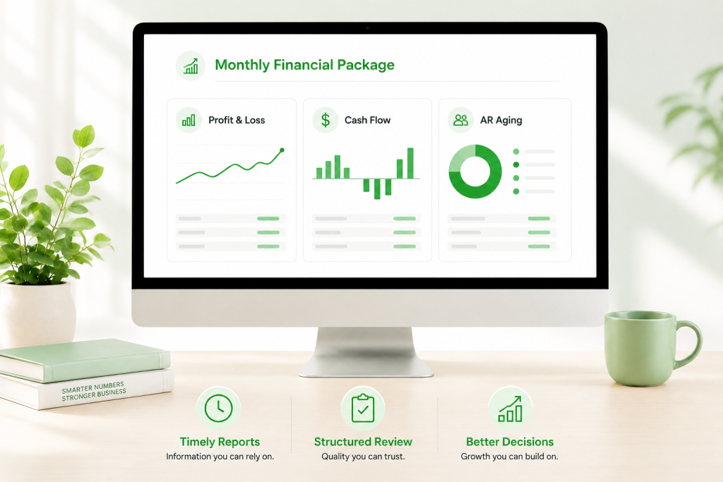 Financial dashboard displaying profit and loss, cash flow, and accounts receivable reports.