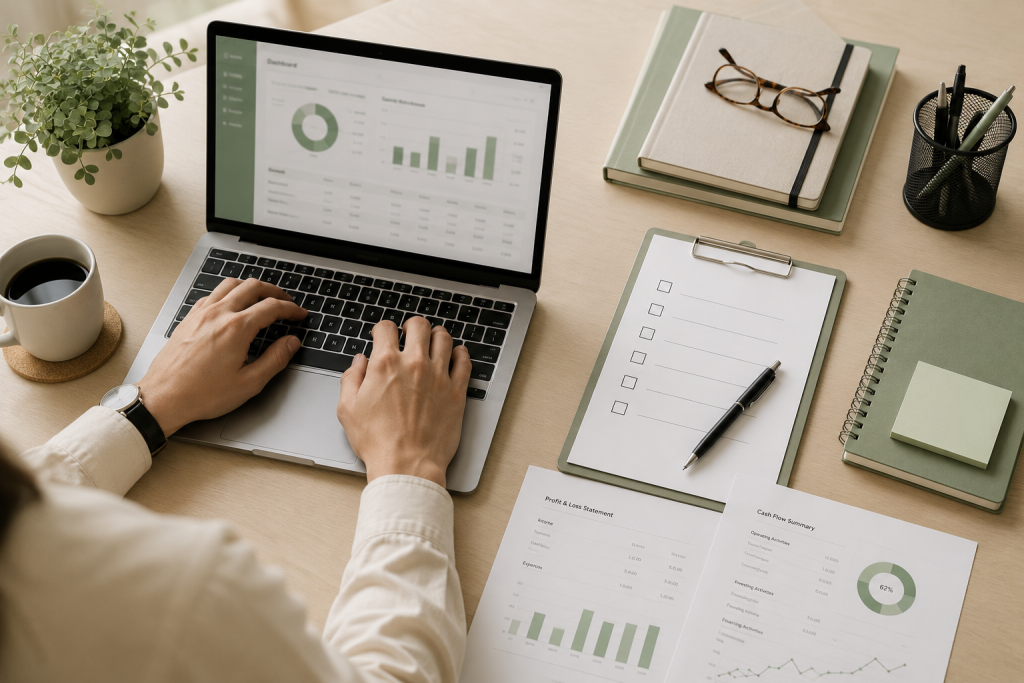 Outsourced accounting workspace with financial reports.