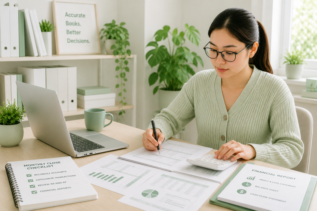 Bookkeeper preparing monthly financial reports using online bookkeeping services for small business.