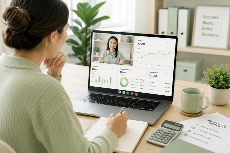 Business owner using online bookkeeping services for small business during a virtual financial consultation.