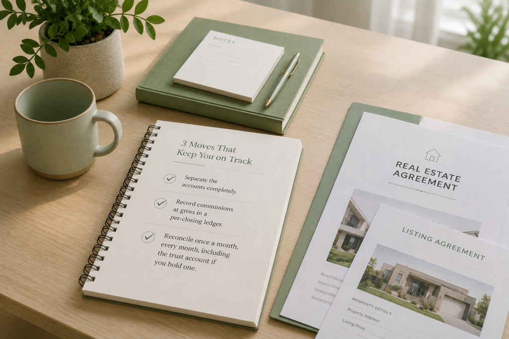 Real estate bookkeeping checklist with transaction and recordkeeping documents.