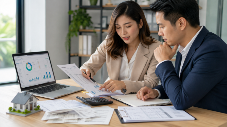 Reviewing real estate bookkeeping records and financial reports.