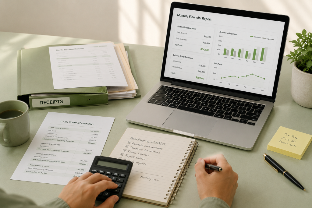 Small business owner reviewing financial reports and bookkeeping records.