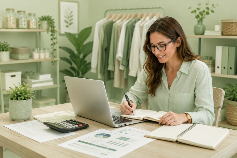 Small business owner managing bookkeeping and financial records.