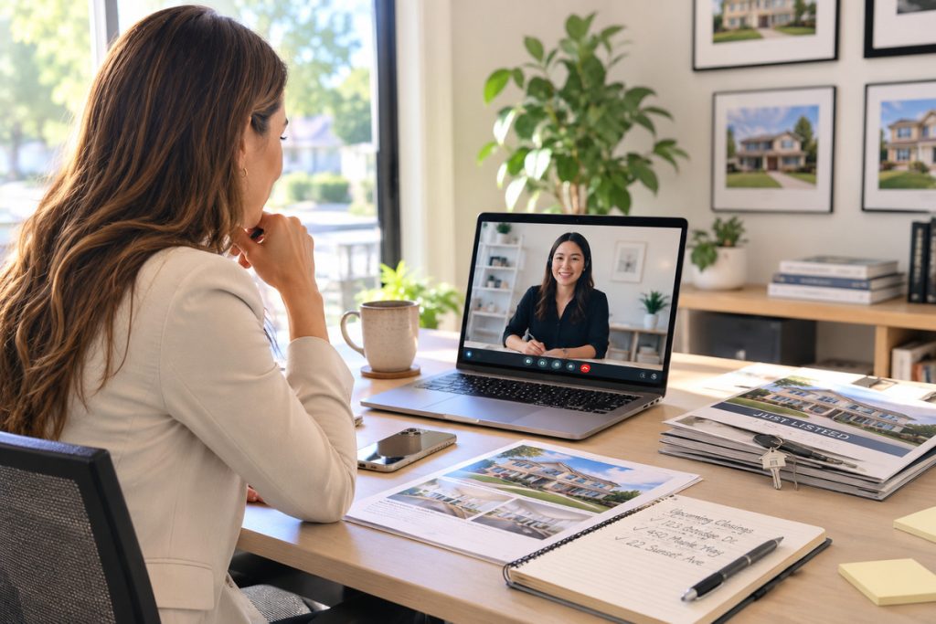 Bookkeeping service for real estate agents during a virtual meeting.